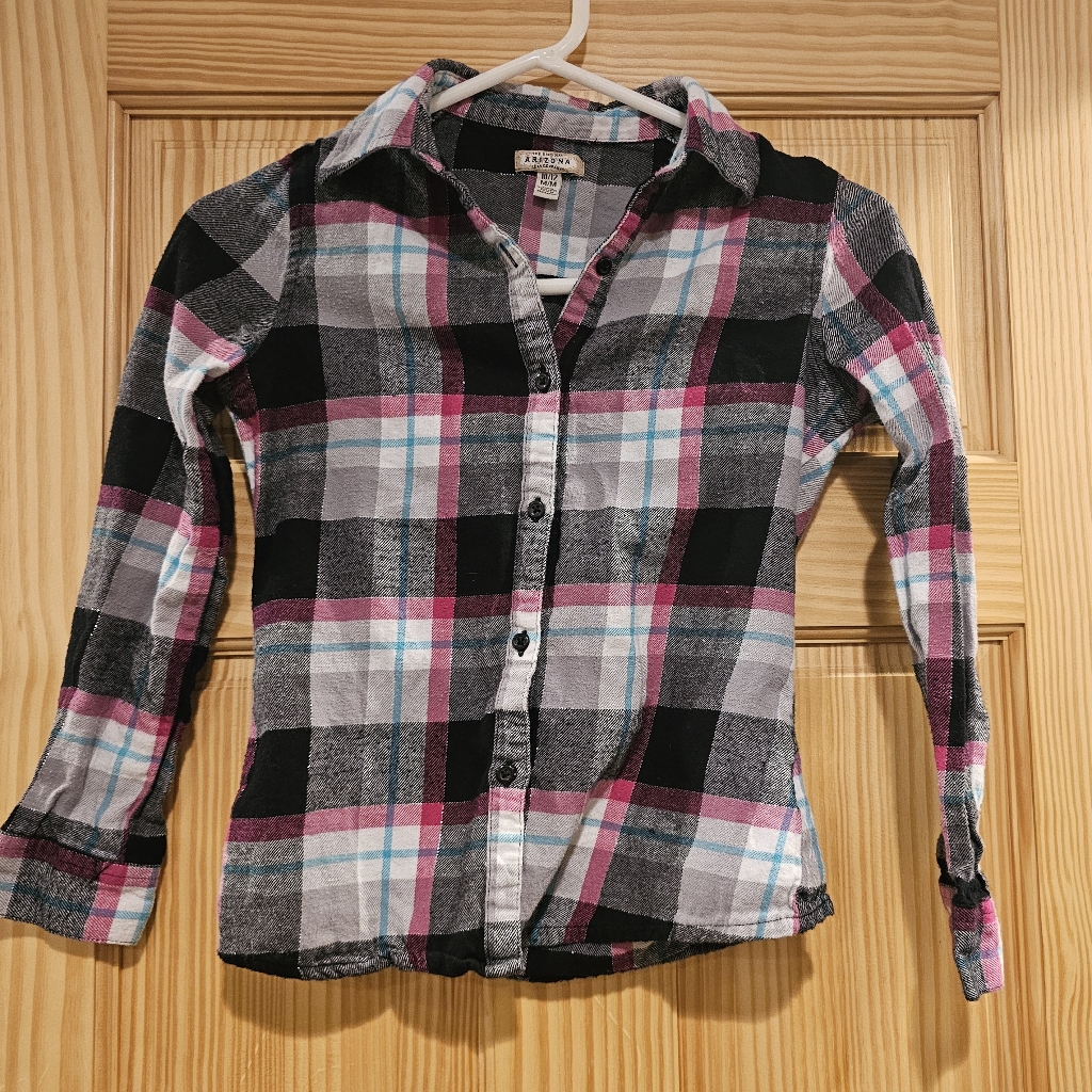 4/$10 Arizona Girls 10/12 Flannel Medium Black White Pink Button Up Cozy